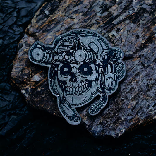 Battle Skull - 4" x 4" - Grey Leather Velcro Morale Patch